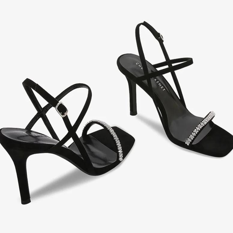 2024 new summer stiletto sandals women's black rhinestones sandals korean high heels