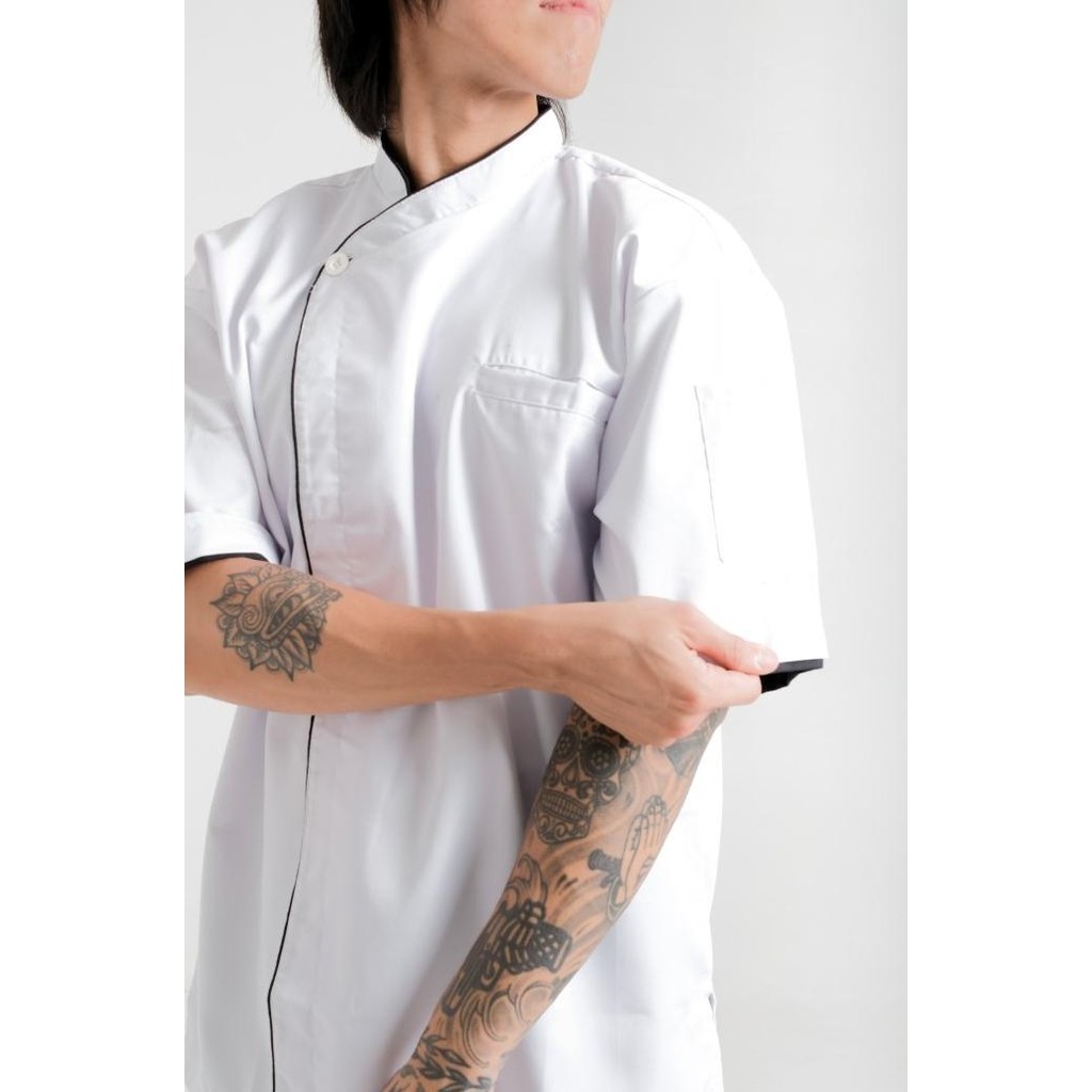 Murah Chef Jacket / Baju Koki Lengan Pendek Buttonless (Putih Hitam)