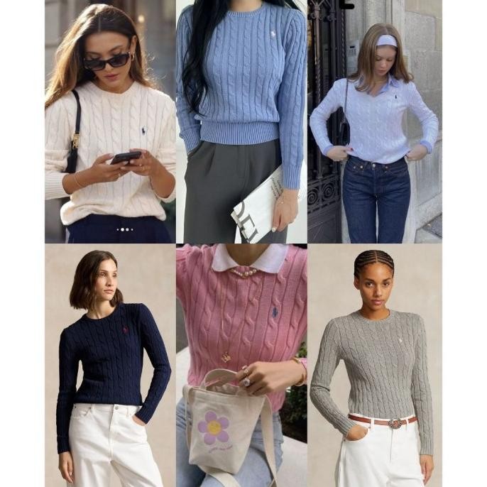 Sweater Wanita Polo RL : Cable-Knit Cotton Crewneck Sweater