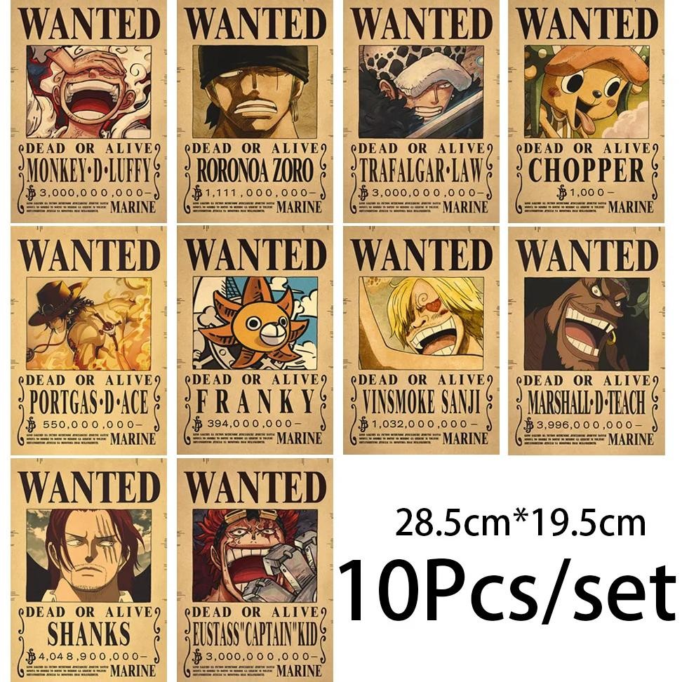 10pcs anime one piece luffy wanted vintage posters set for room wall decoration cartoons zoro wanted