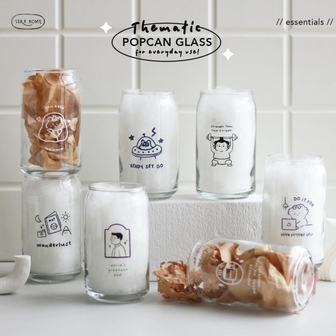 Gelas Kaca Kopi Lucu Aesthetic ala Korea Popcan Glass Kado Unik Ready PS