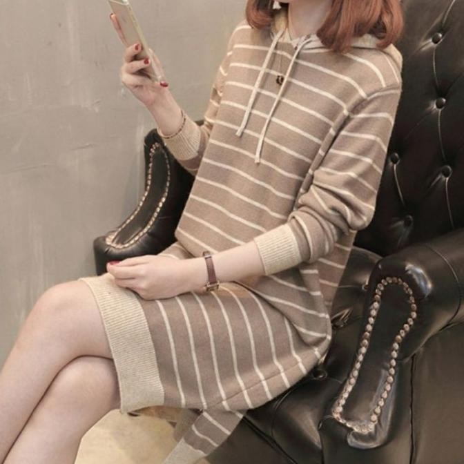 Baru Baju Wanita Tunik Hoodie Salur Rajut Lengan Panjang Motif Garis Fit L
