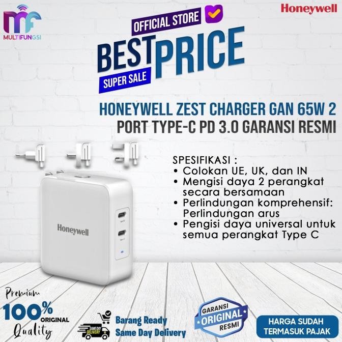 

Honeywell Zest Charger - GaN 65W 2 Port Type-C PD 3.0 Garansi Resmi