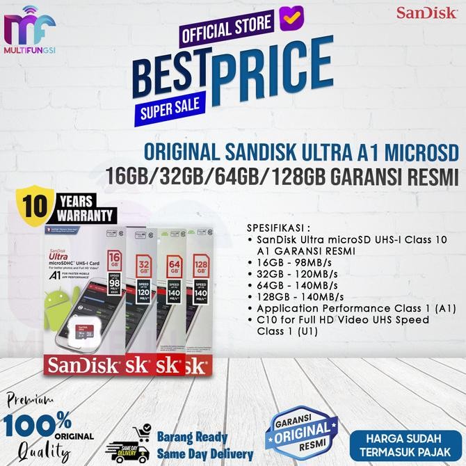 

ORIGINAL SANDISK ULTRA A1 MICROSD 16GB/32GB/64GB/128GB GARANSI RESMI