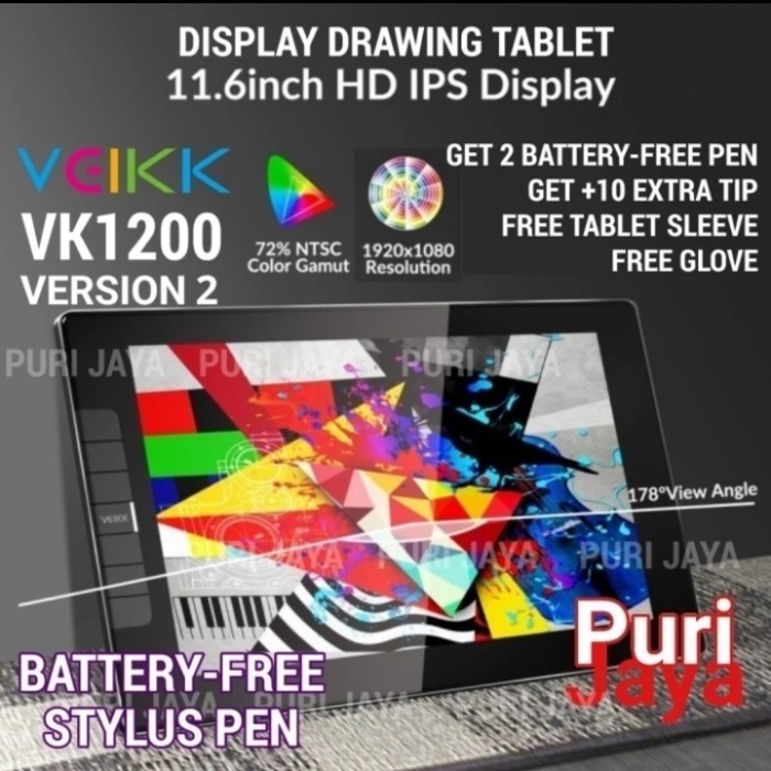 VEIKK VK1200 Drawing Display Graphic Monitor Passive Pen Tablet Gambar