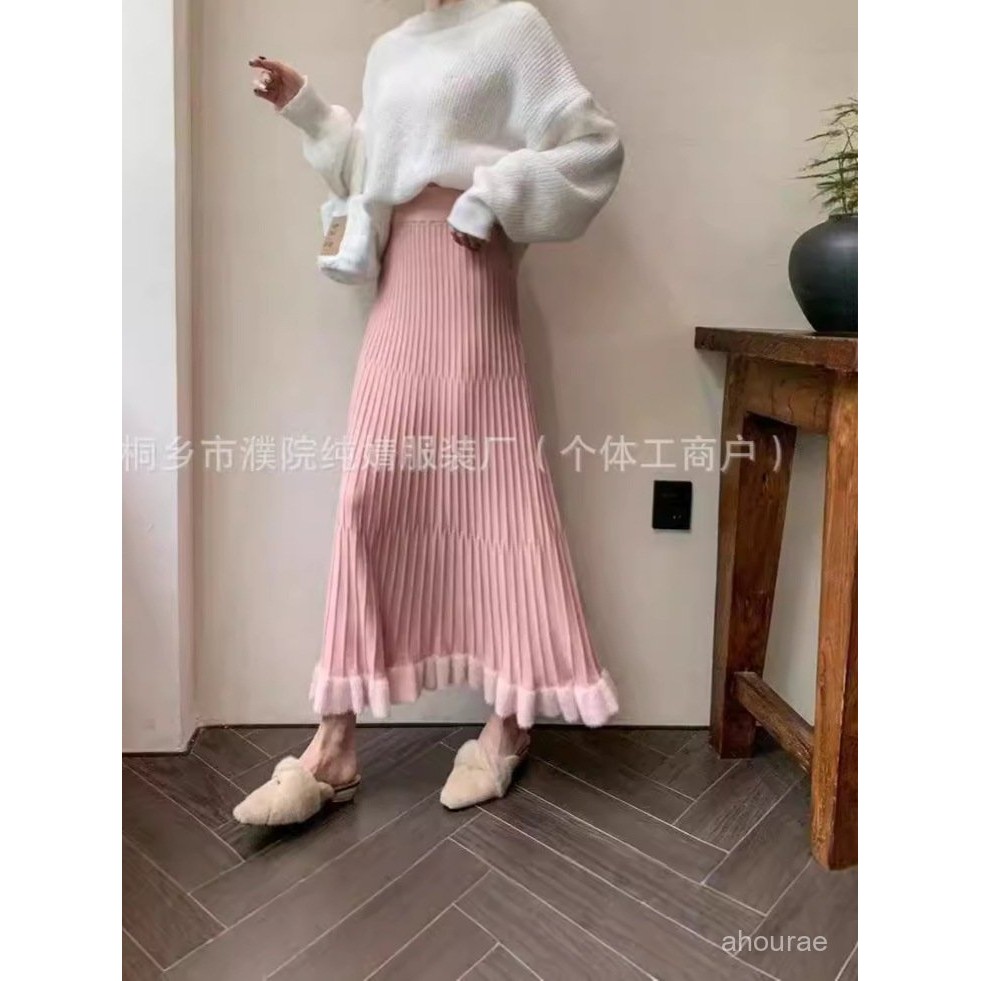 

Skirt2024High Waist Pleated Skirt Sweater Wooden Ear Autumn and Winter Wool Skirt Women's Knitted Women's New Elastic