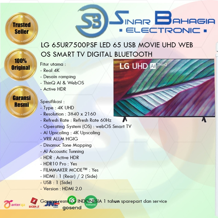 LG 65UR7500PSF LED 65 USB MOVIE UHD WEB OS SMART TV DIGITAL BLUETOOTH (NEW) (KHUSUS BANDUNG)