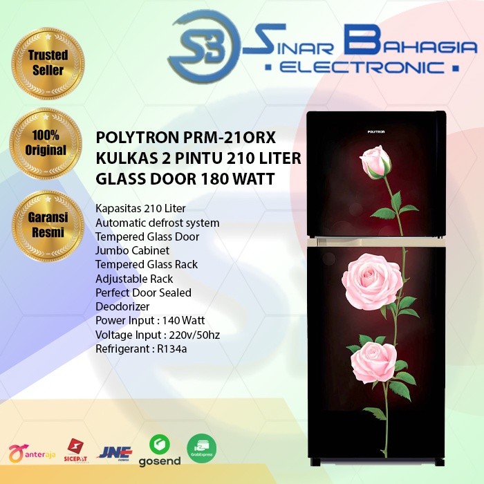 POLYTRON PRM-21ORX KULKAS 2 PINTU 210 LITER GLASS DOOR 140 WATT (NEW)