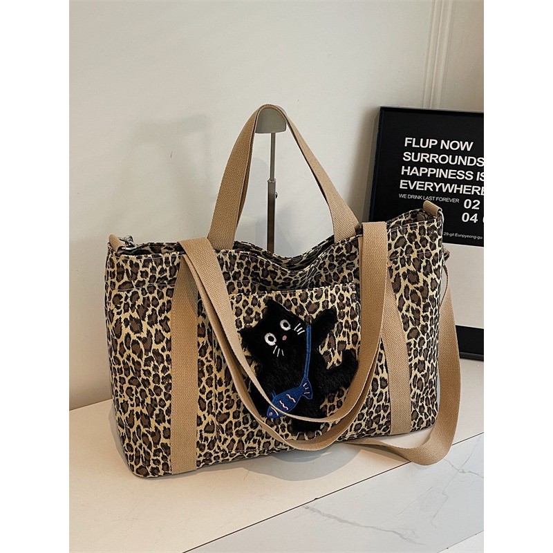 Tas Tote Wanita Motif Macan Tutul, Tas Bahu Tas Belanja Santai