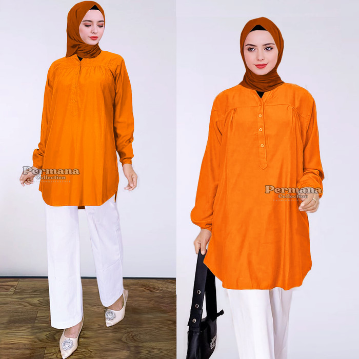 NEW Baju Atasan Blouse Wanita Kemeja Lengan Panjang Orange Jumbo Dewasa - M
