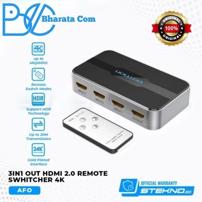 

Diskon! Vention AFO Switch HDMI Switcher 3 IN 1 OUT Support HDMI V2.0 Pure 4K