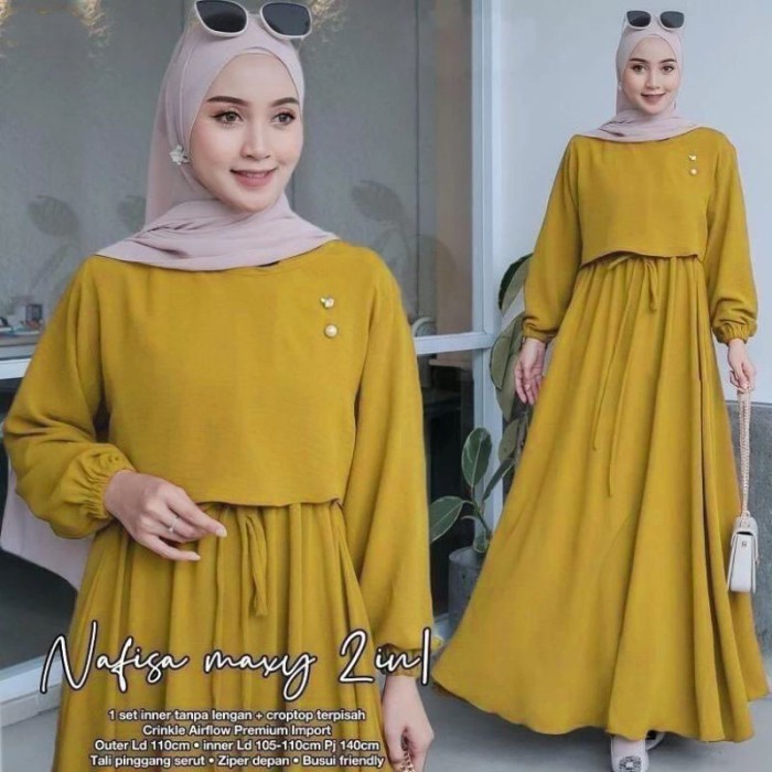 Gamis Nafisa Maxy Set 2in1 inner+outer Gamis Wanita - Kuning, Hyget Super mewah elegan kekinian terb