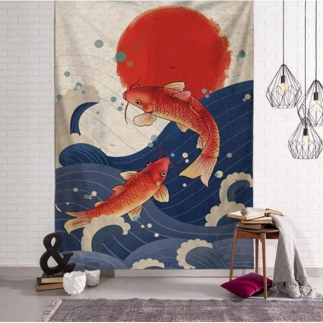 Ukiyo-E Hokusai Koi Fish Wall Deco Jepang Tapestry Hiasan Dinding Kain Terbatas