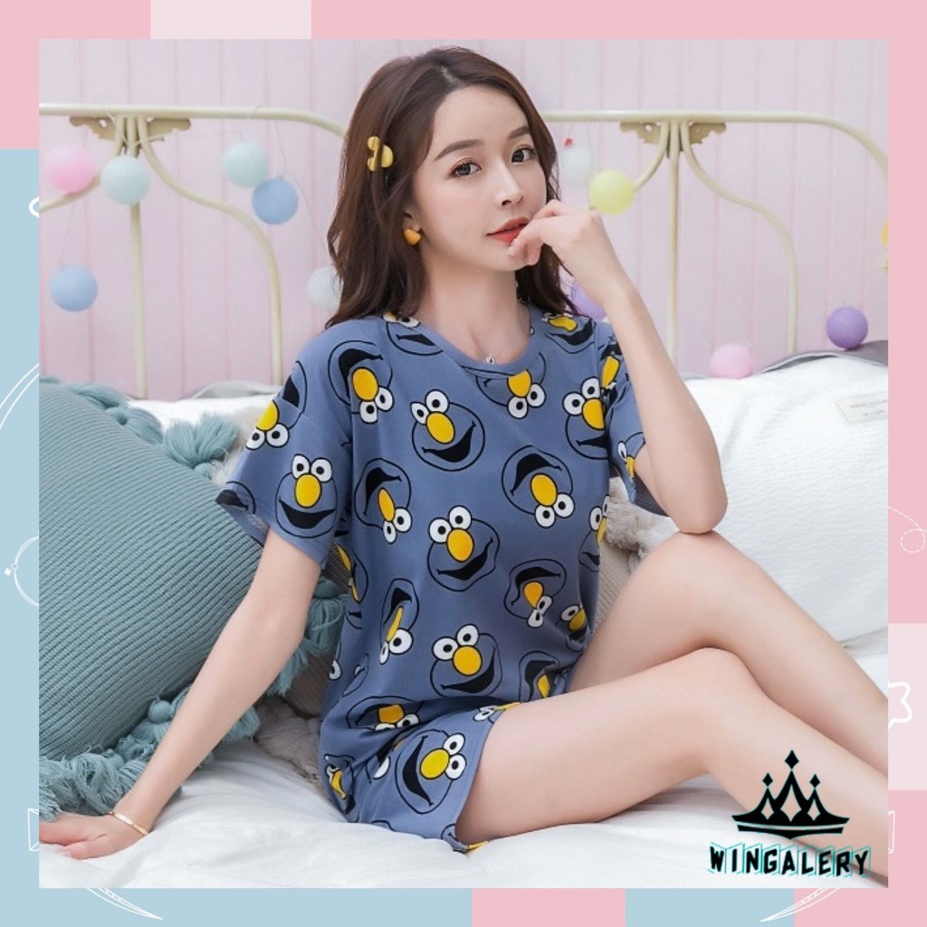 Baju Tidur Piyama WINGALERY Pakaian Wanita Baju Tidur Piyama Lengan Pendek Import Motif Kartun Fit