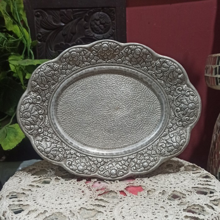 PIRING OVAL ANTIK VINTAGE PERAK BAKAR TUA JADUL TEBAL & BERAT 28X22CM
