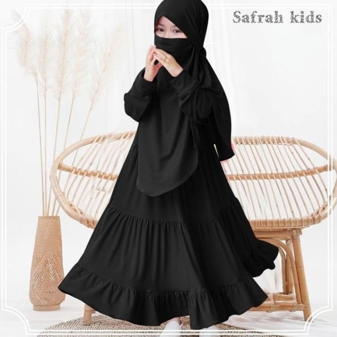 Gamis Muslim anak set cadar kerudung 3-4 & 6-8 Tahun - Black KOKO