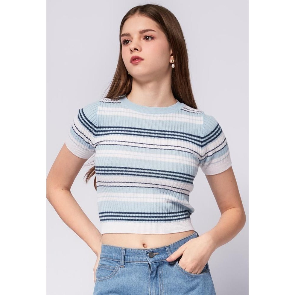 

BLUE- COLORBOX RETRO STRIPED SHORT SLEEVE TOP I-TSGKEY124D075 LT. BLUE