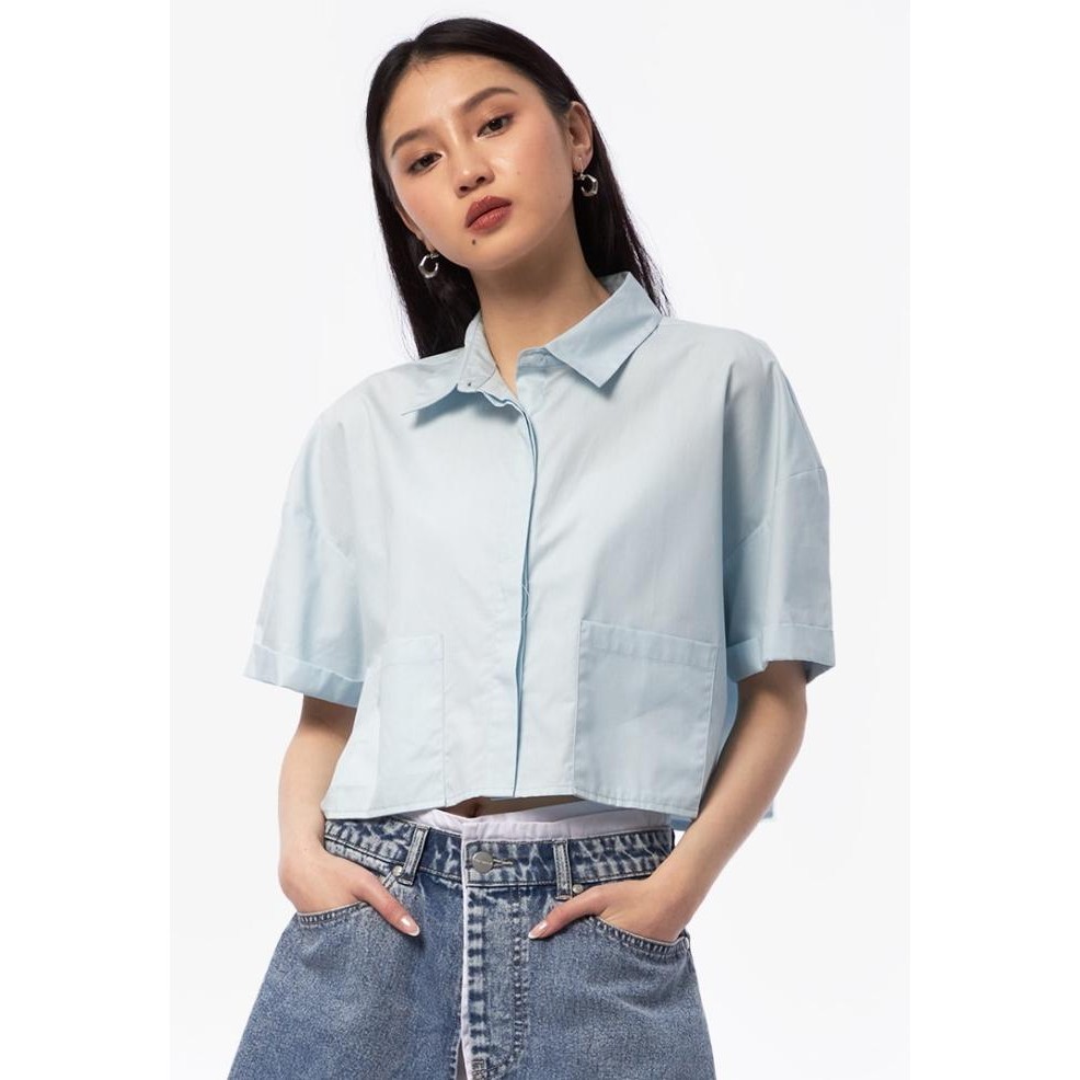 

BLUE- COLORBOX ROLLED UP CROP SHIRT I-BSWKEY224H059 LT. BLUE
