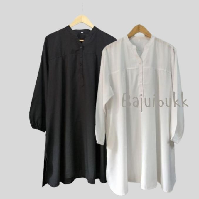 Tunik viscose polos jumbo hitam - putih - kancing hidup lengan karet GAM