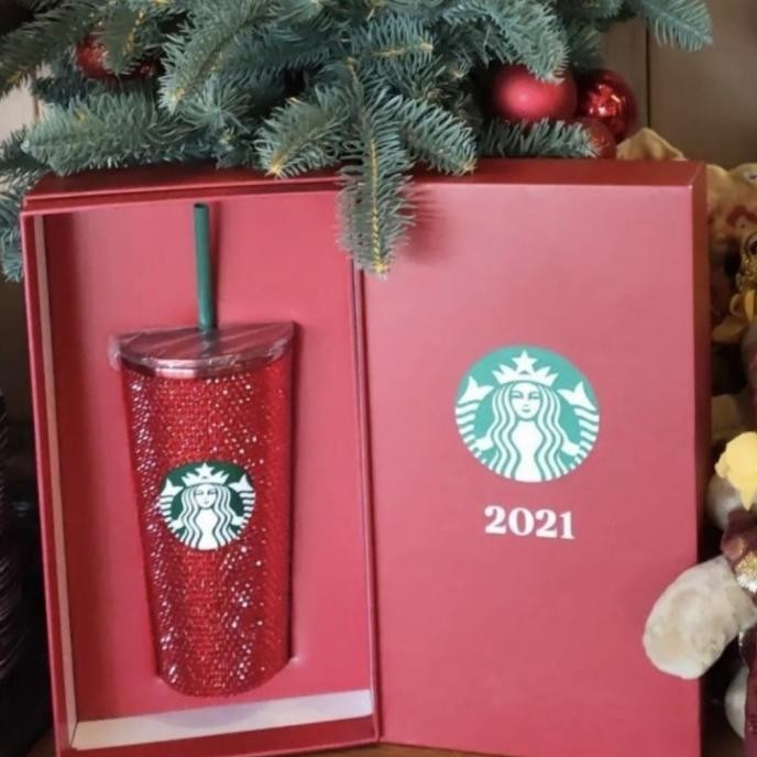 STARBUCKS TUMBLER VENTI COLD CUP STUDDED BLING RED SWAROVSKI