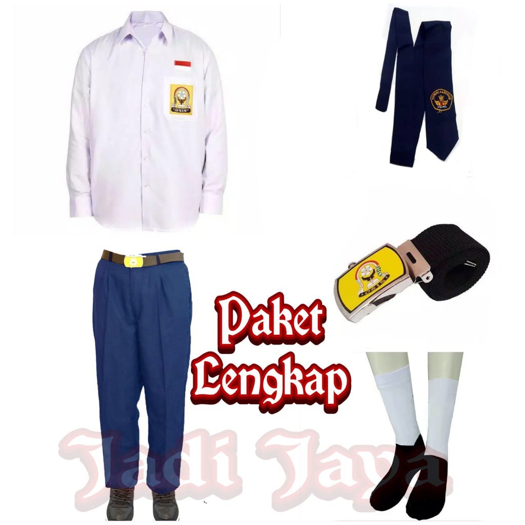 Seragam Sekolah Set Seragam SMP Biru-Putih Baju Panjang Celana Panjang