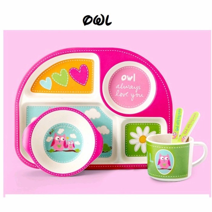 TERBARU Piring Makan set anak Bamboo / Bamboo Feeding set Baby Owl Snoopy