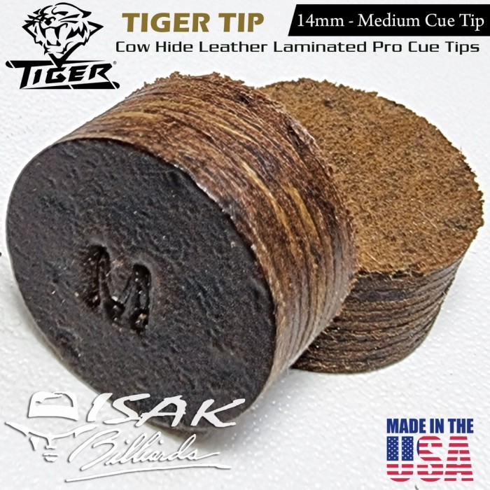 TIGER USA MEDIUM CUE TIP 14MM KULIT SAPI COW LEATHER STICK BILLIARD