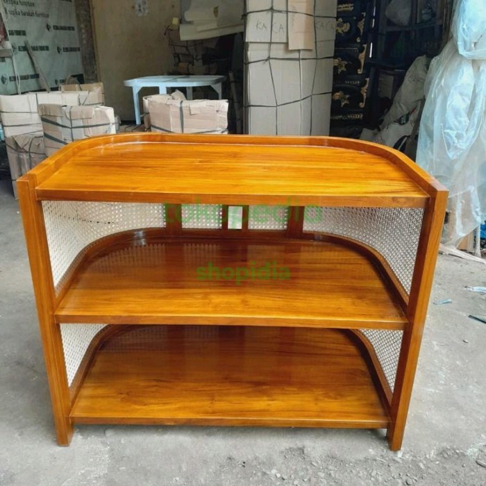 Lemari Rak Display Roti Kayu Jati Mix Rotan Asli