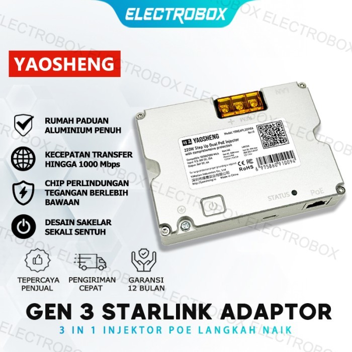 YAOSHENG 220W Boosted Dual PoE Injector Adaptor Starlink untuk Gen 3 dengan Aplikasi Perlindungan