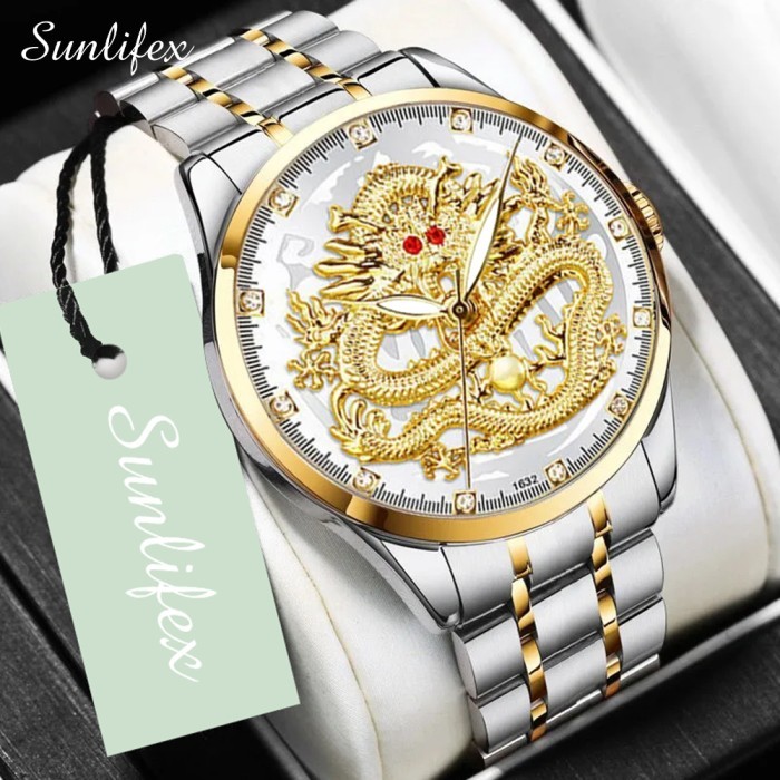 Terlaris Sunlifex Jam Tangan Pria Stainless Steel Quartz Original Dragon Gold - Putih