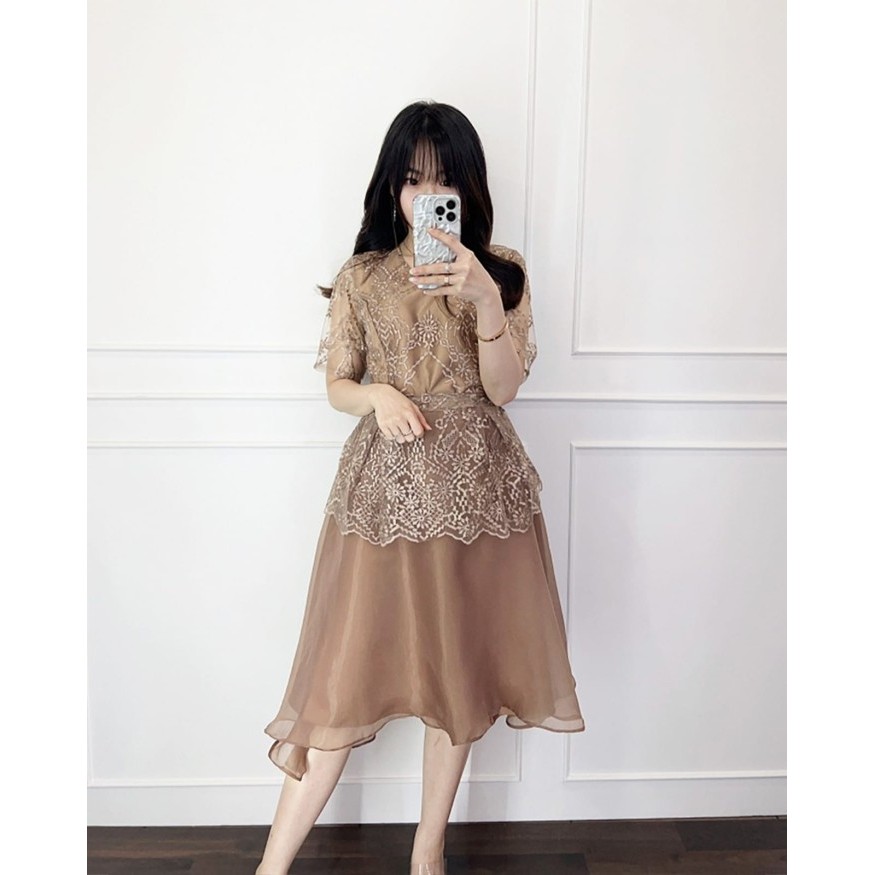 [LANGSUNG KIRIM] Midi Dress Wanita Lengan Pendek Baju Gaun Pesta Brokat Velvet Organza - Mocca, M F2