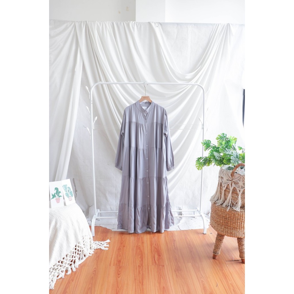 GRATIS ONGKIR Mallafashionofficial Solji Midi Dress Rayon Twill Wanita Full Button - Grey PW132