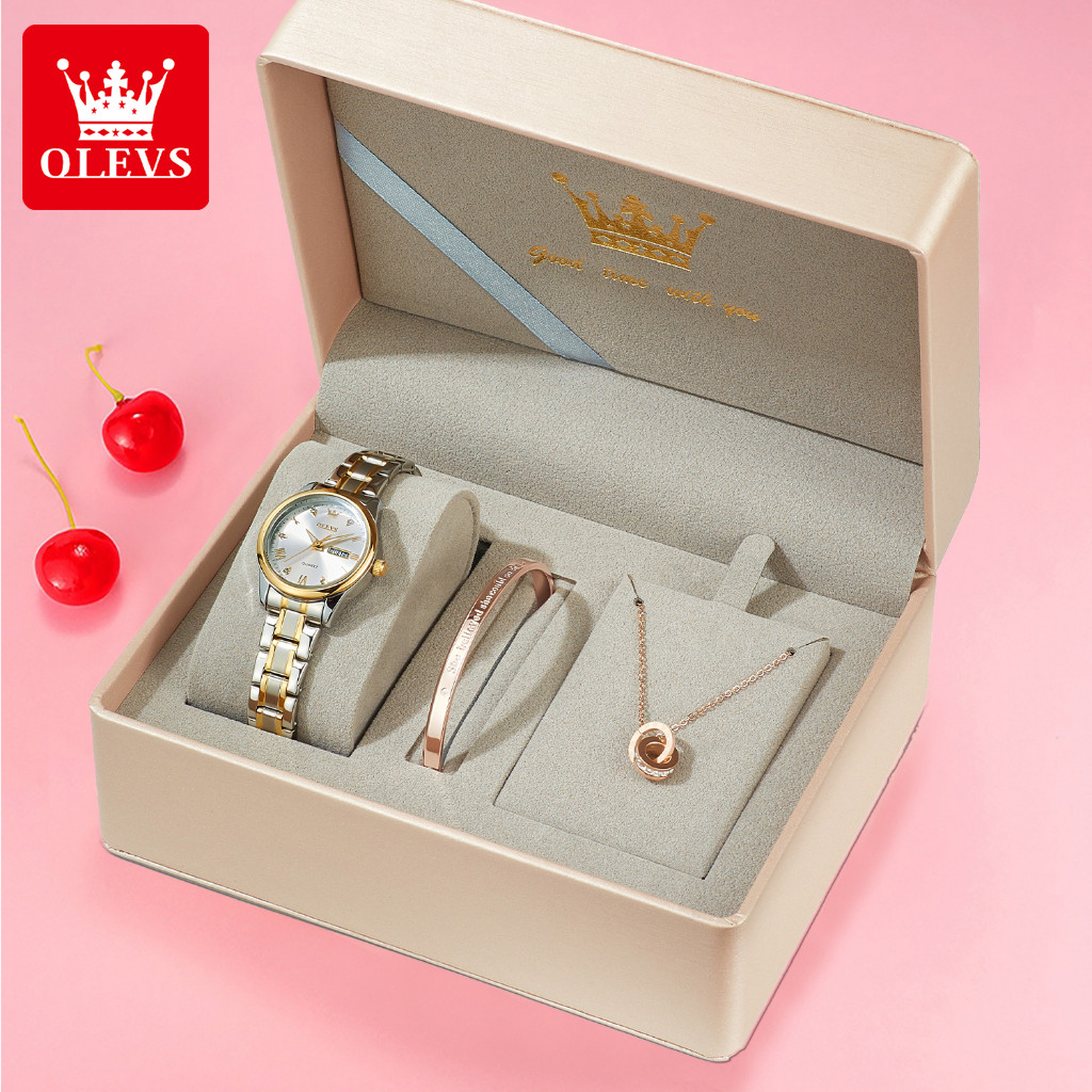 Olevs Jam Tangan Wanita Anti Air Anti Karat Set Kalung Gelang Bercahaya Kalender Watch 5563