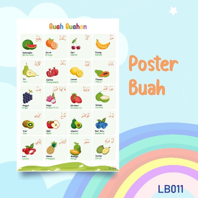 

Adaajaa Poster Edukatif Mengenal Macam Macam Buah dengan 3 Bahasa Arab, Indonesia, Inggris Untuk