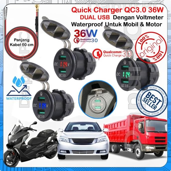 Quick Charger QC3.0 12-24V Dual USB & Voltmeter Waterproof Mobil Motor