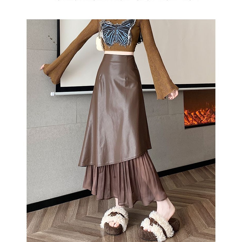 Rok Wanita Kombinasi | Rok Panjang Vintage | Rok Kulit Wanita Tidak Beraturan