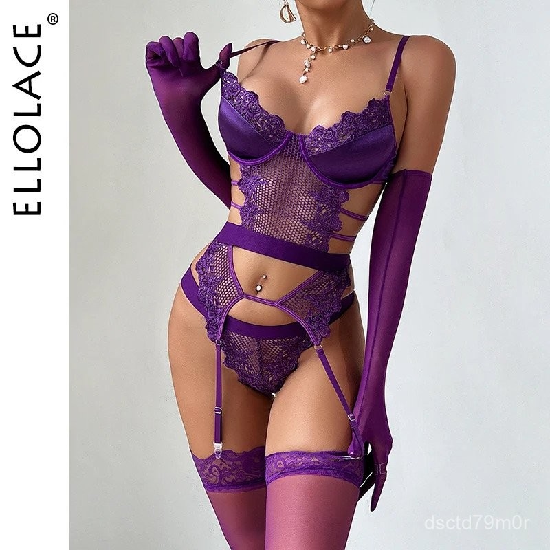 Ellolace Lingerie Erotis Ungu Pakaian Seksi Lengkap Celana Dalam G-String Thong Kostum Seks Renda St