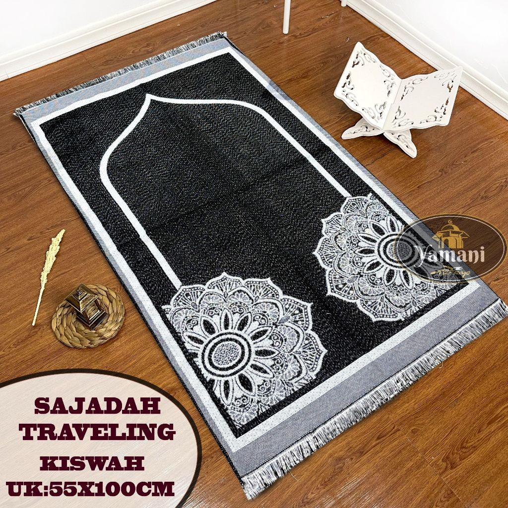 Sajadah Traveling Motif Kiswah Kusus Hitam Ukuran Dewasa 53x100cm Perlengkapan Sholat Sejadah