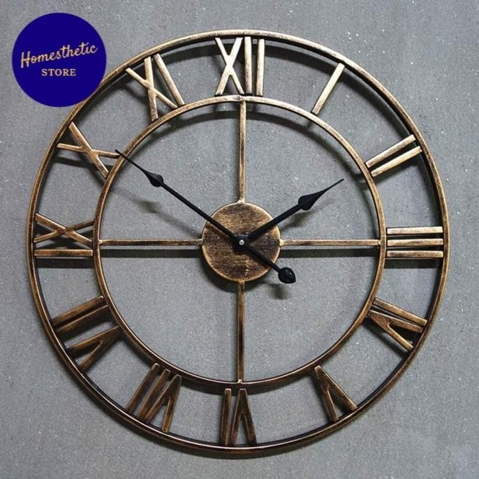 Jam Dinding Besi Metal Besar Bulat Quartz Creative Model Vintage Bergaya Retro Angka Romawi 60 cm 50