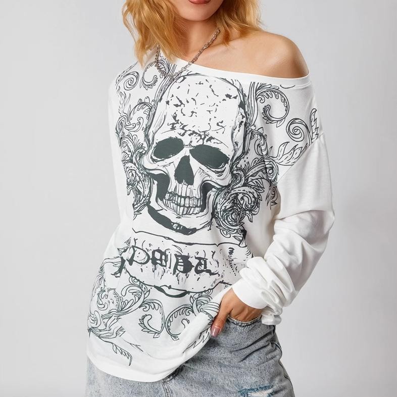 Promo y2k Grunge Aesthetic Gothic Punk T Shirt Graphic Skull Print Long Sleeve Tops 2000s Women Clot