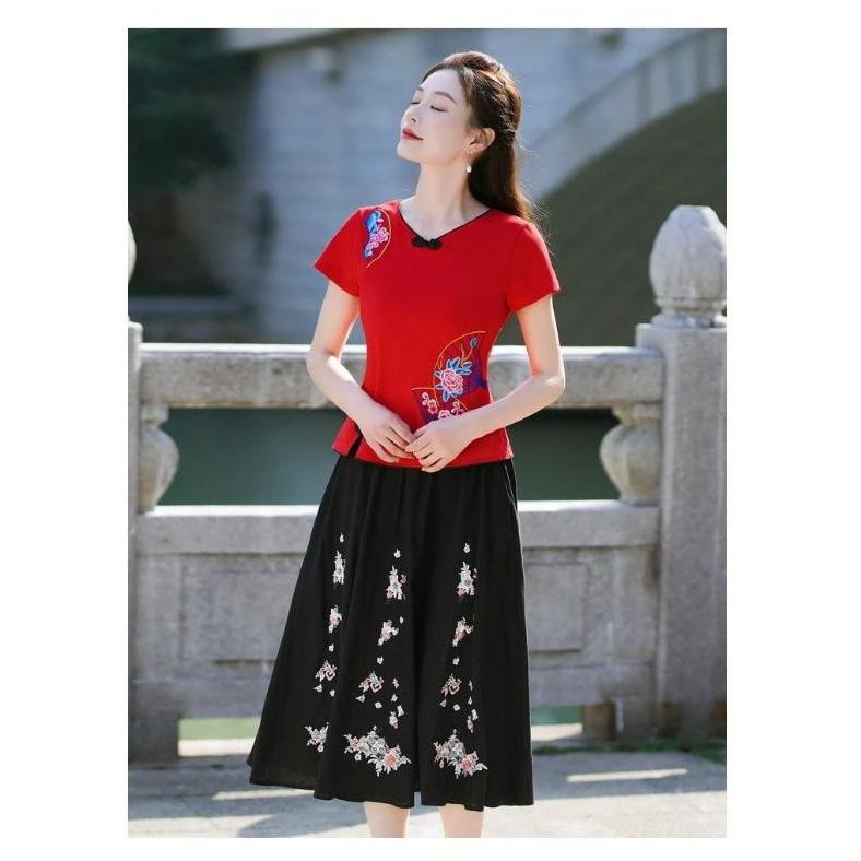 BVF Baju atasan cheongsam wanita Shanghai Imlek merah