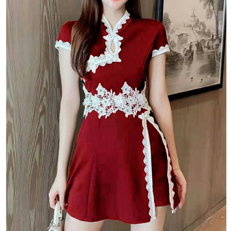 BVF 0320 2in1 Setelan baju dress cheongsam set celana pendek wanita import baju dress set celana hot