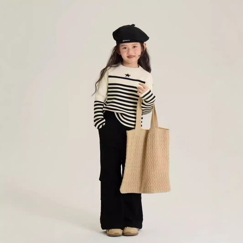 Setelan Sweter Wanita Gaya Korea, Setelan Sweater Wanita, Sweater Bergaris, Gaya Korea