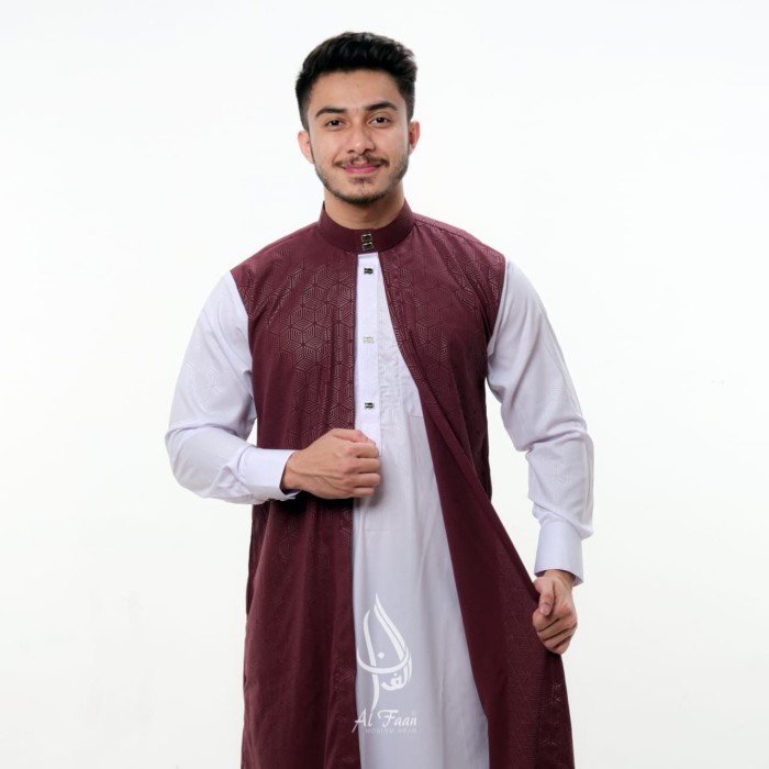 Jubah Pria Jubah Luaran 2 in 1 Manset Reguler Jubah Pria Gamis Pria Jubah Muslim - Maroon, M termura