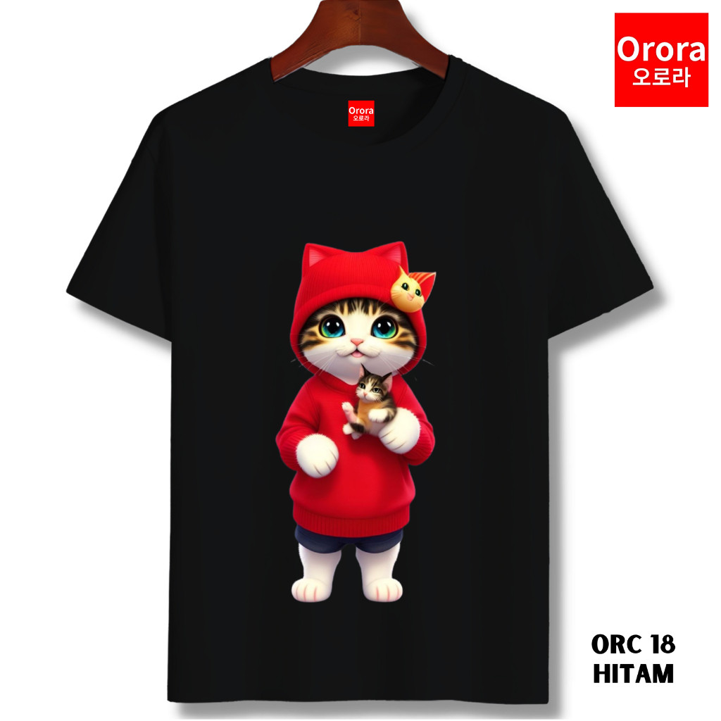 Orora Kaos Distro Premium Cute Cat - Baju Atasan Sablon Pria Wanita Warna Hitam Putih Merah Ukuran S