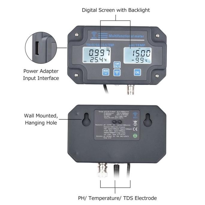 

Terbaru Smart Wifi Tuya 6In1 Ph Ec Tds Salinity S.G Temperature Meter W3988