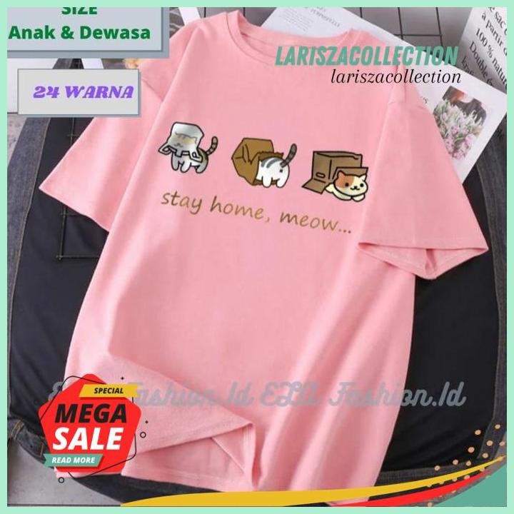 KAOS PREMIUM  MEOW STAY HOME ATASAN ANAK DAN DEWASA KARTUN ANIME JEPANG PRODUK TERBAIK BY LARISZA CO