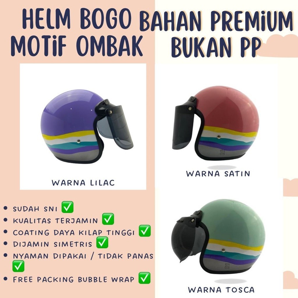 Helm Bogo Dewasa Retro Classic Cepol Hijab Wanita Pria Motif Ombak Terkini SNI .