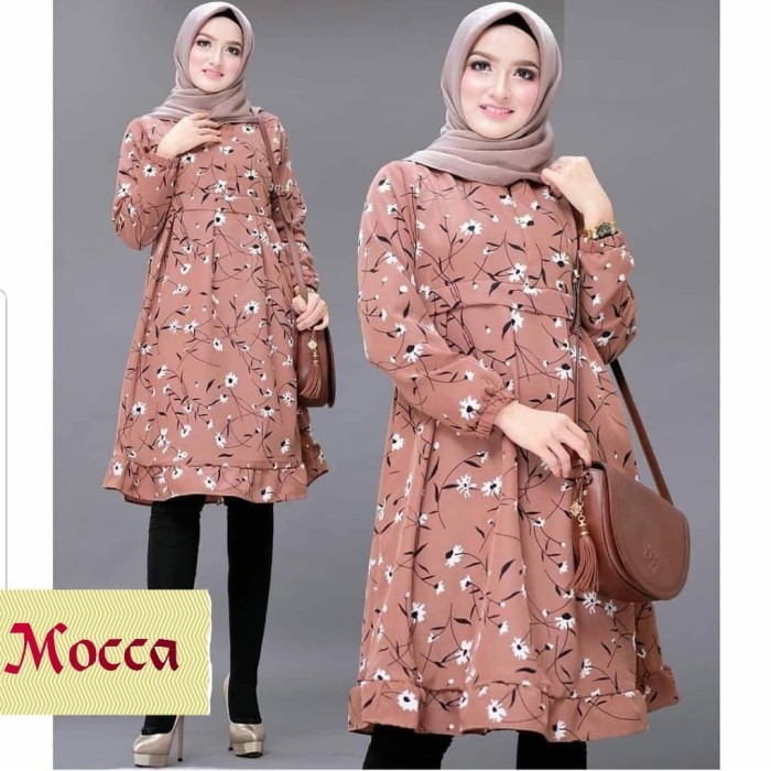 tunik Dea mocca atasan motif bunga baju remaja wanita cantik murah gb panjang adem