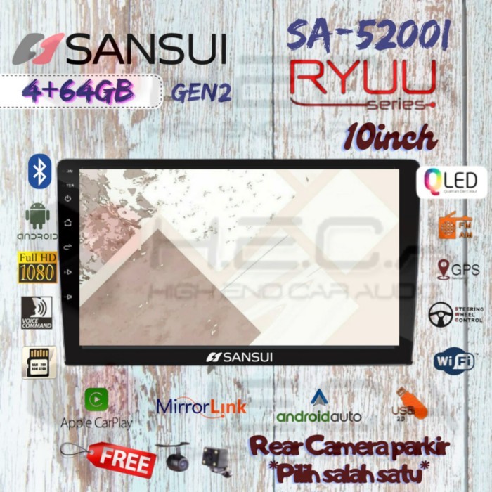 SANSUI RYUU QLED Gen2 4/64 GB Android G2 10" Inch SA-5200I Head Unit Tape TV Mobil Double din + Rear